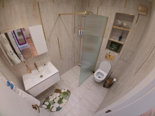an overhead view of a bathroom with a shower and a toilet at Azur by Gergana in Bŭnzareto