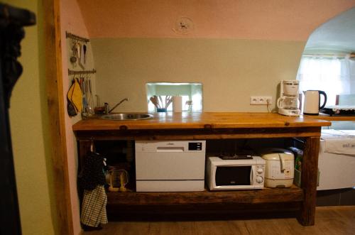 a kitchen with a counter with a sink and a microwave at Srub v županu in Prachatice