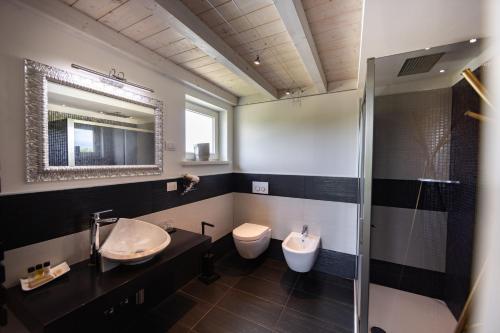 a bathroom with a sink and a toilet and a mirror at Agriturismo La Torretta in Pescantina