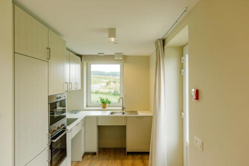a small kitchen with a sink and a window at La Ferme d'Auwez - Arbre de vie - Gîte 4 pers avec piscines et sauna in Ciney
