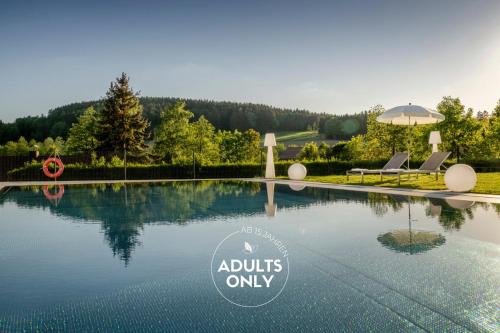 a swimming pool with two chairs in the middle at Hotel & SPA Reibener-Hof in Konzell