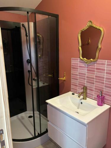 a bathroom with a sink and a shower with a mirror at La chambre des secrets Perougien in Pérouges