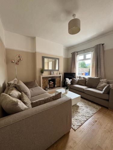 een woonkamer met twee banken en een open haard bij Home from Home in Belfast in Belfast