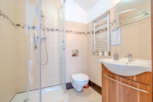 a bathroom with a shower and a sink and a toilet at Pablo in Niechorze