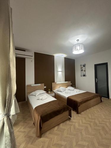 a bedroom with two beds and a chandelier at Pensiunea Ciucar Dubova in Dubova