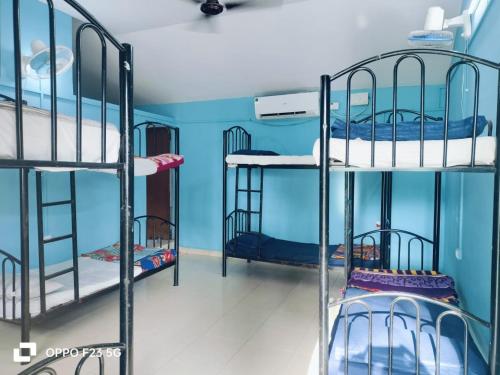 a group of bunk beds in a room with blue walls at Ave Maria Guesthouse in Colva