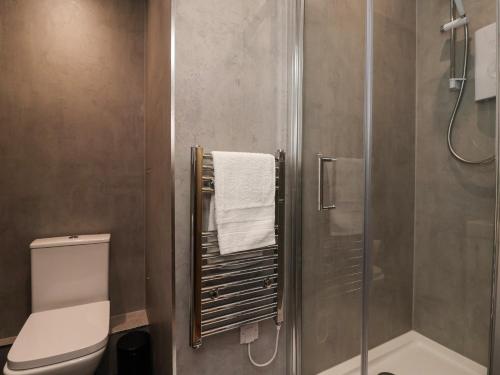 La salle de bains est pourvue d'une douche, de toilettes et d'un sèche-serviettes. dans l'établissement Apartment 9, à York