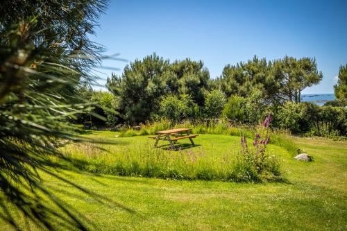 a picnic table in the grass in a field at Luxury Glampsite with Sea Views in St Peter