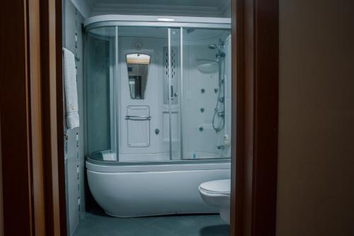 a bathroom with a shower and a toilet at Morning Side Suites in Lagos
