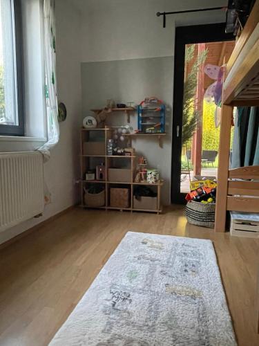 a living room with a rug on a wooden floor at Family house in Pardubice