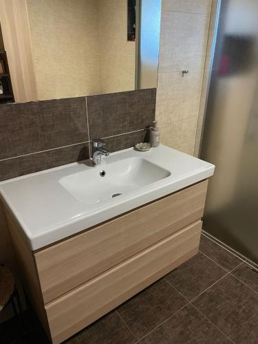 a bathroom with a white sink and a mirror at Family house in Pardubice