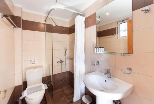 a bathroom with a toilet and a sink and a shower at Sunwaves Beach Hotel in Vasiliki