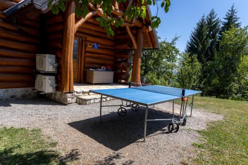 a blue ping pong table in front of a cabin at BeaR's LOG in Seliste Dreznicko