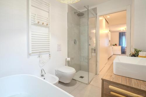 a bathroom with a shower and a toilet and a sink at Case Ospitali - Casa Amiga, monolocale con stile e calore a Cernusco x3 in Cernusco sul Naviglio