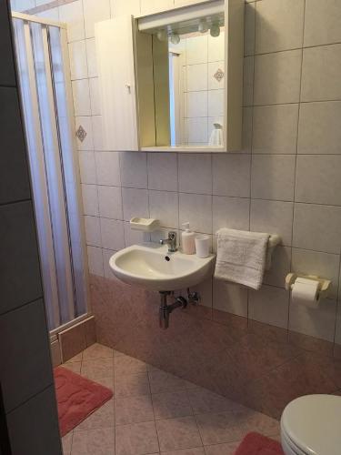 La salle de bains est pourvue d'un lavabo et de toilettes. dans l'établissement Apartments Wagner, à Dobrinj