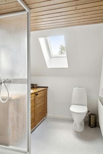 a bathroom with a toilet and a skylight at Charming Holiday Home On The Island Of Fejø in Vejrø