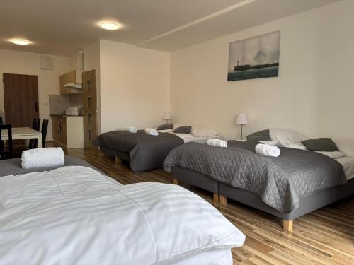 a room with three beds and a table and a kitchen at MIRA apartments in Prague