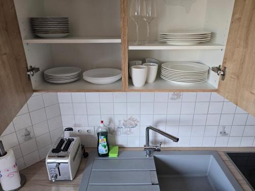 a kitchen with a sink and plates in a cabinet at Apartment Bergblick Bad Berleburg in Bad Berleburg