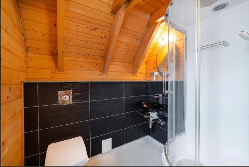 a bathroom with a shower and a black tile wall at Domki Port Jastarnia in Jastarnia