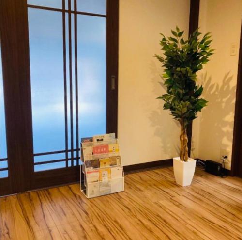 a room with a potted tree and boxes on the floor at 福のや in Unnan