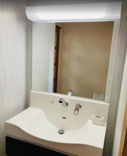 a bathroom with a white sink and a mirror at 福のや in Unnan