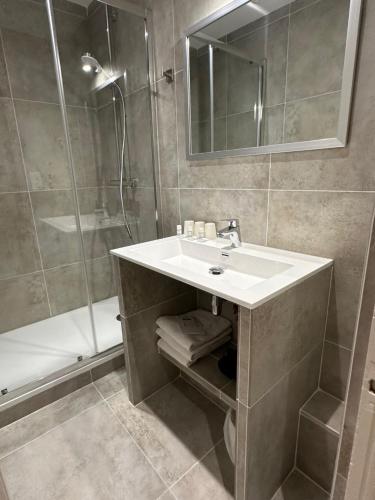 a bathroom with a sink and a shower at Hotel Azur in Lyon