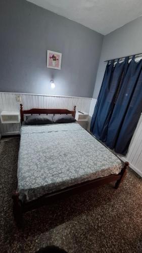 a bedroom with a large bed with blue curtains at Hospedaje Artigas in Corrientes