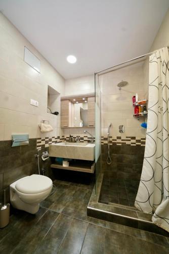 a bathroom with a toilet and a sink and a shower at Anesi Beachfront Luxury Villa in Nea Moudania