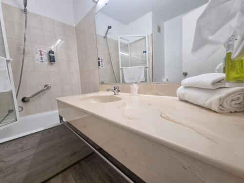 ein Badezimmer mit Waschbecken und Dusche in der Unterkunft Brit Hotel Dak Hotel in Avallon
