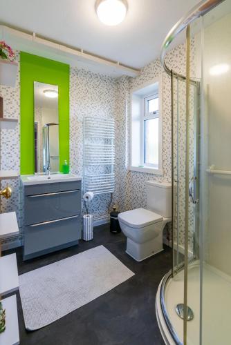 a bathroom with a toilet and a sink and a shower at Orkney Bed & Whisky in Orphir