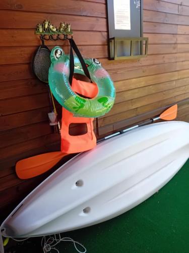 a surfboard and a life vest hanging on a wall at Békafütty Vendégház in Ráckeve