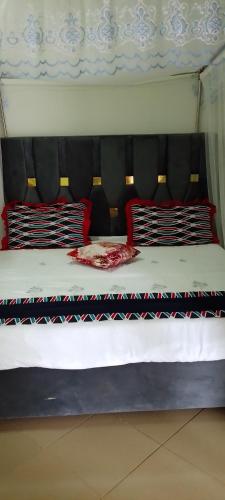 a bed with red and black pillows on it at Hotel Judith, GULU in Buwate