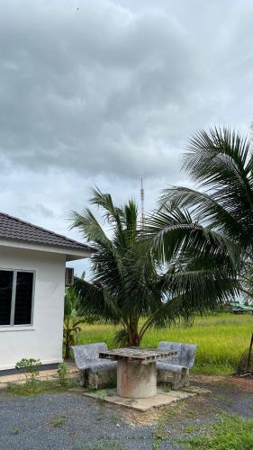 a picnic table and a palm tree in front of a house at TERATAK ToK ABAH in Kangar