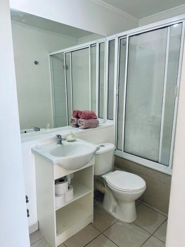 a white bathroom with a toilet and a sink at Central apartment CCP in Concepción