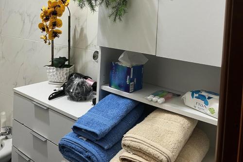 a bathroom with a shelf with towels and a mirror at La Quercia in Borgo Partenope