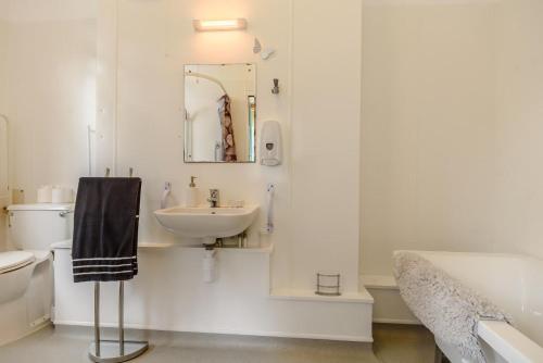 a bathroom with a sink and a toilet and a mirror at The Avocet in Sizewell