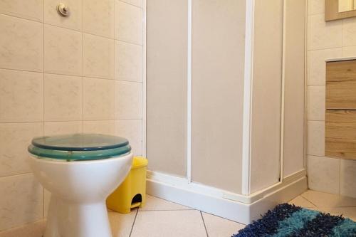 a bathroom with a white toilet with a blue seat at Le Muse in Sogliano Cavour