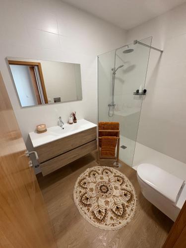 a bathroom with a sink and a shower and a toilet at Casa do Rio in Aguçadoura