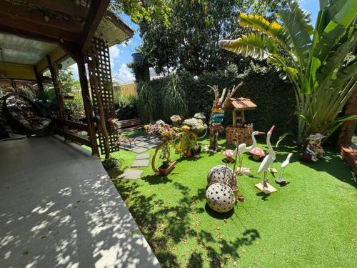 a garden with a turtle and birds in the grass at Cantinho da Iraci in Foz do Iguaçu