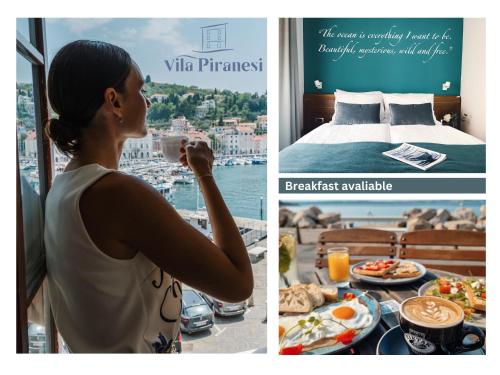 a woman drinking coffee and having breakfast in a hotel room at Vila Piranesi Apartments in Piran