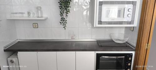 a kitchen with a sink and a microwave at Fuente la Villa 2 Apartamento, Calle Carmen 18 C in Alcaudete