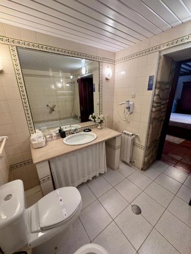 a bathroom with a toilet and a sink and a mirror at Casa da Quinta De S. Martinho in Vila Real
