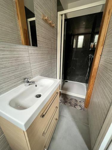 a bathroom with a sink and a bath tub at Appartement Le Central Park in Le Cannet