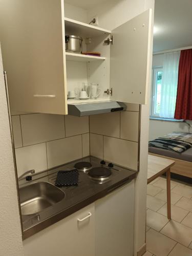 a small kitchen with a sink and a counter at Business Apartment Reutlingen in Reutlingen