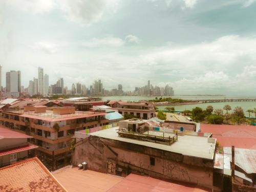 an aerial view of a city with tall buildings at Viajero Casco Viejo Hostel in Panama City