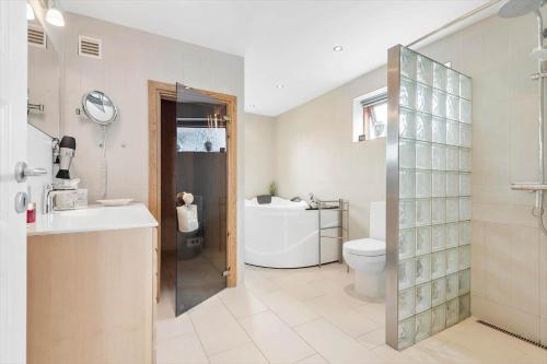 een badkamer met toilet, wastafel en douche bij 0343-Romo-Vestergade-329 in Sønderby