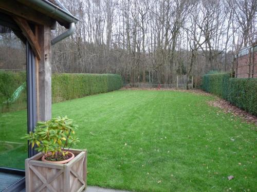 a yard with a green lawn with a potted plant at Cozy Holiday Home in Aalter near Lake in Maria Aalter