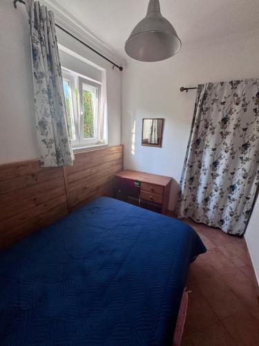 a bedroom with a blue bed and a window at Casa da Quinta De S. Martinho in Vila Real