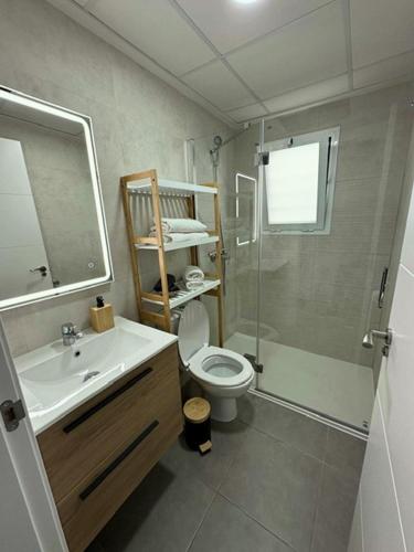 a bathroom with a toilet and a sink and a shower at Beach House Renata in Gran Alacant