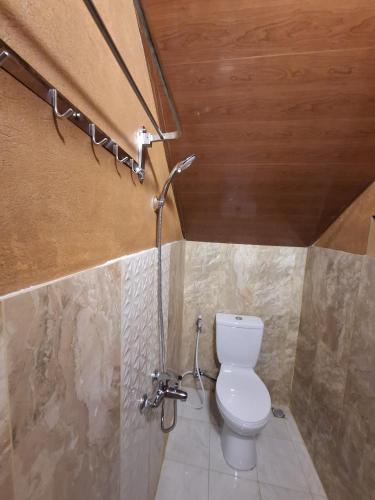 a bathroom with a toilet and a shower at Dieng Latar Alam Tambi Syariah in Kejajar